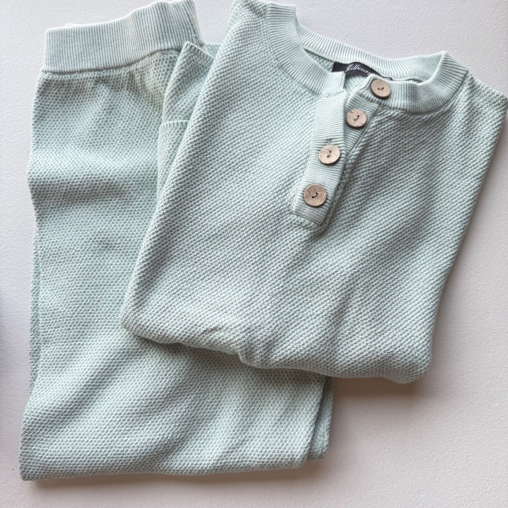 Lillusory Knit Lounge Set Women L Sage Green Excellent Waffle Henley Wide Leg